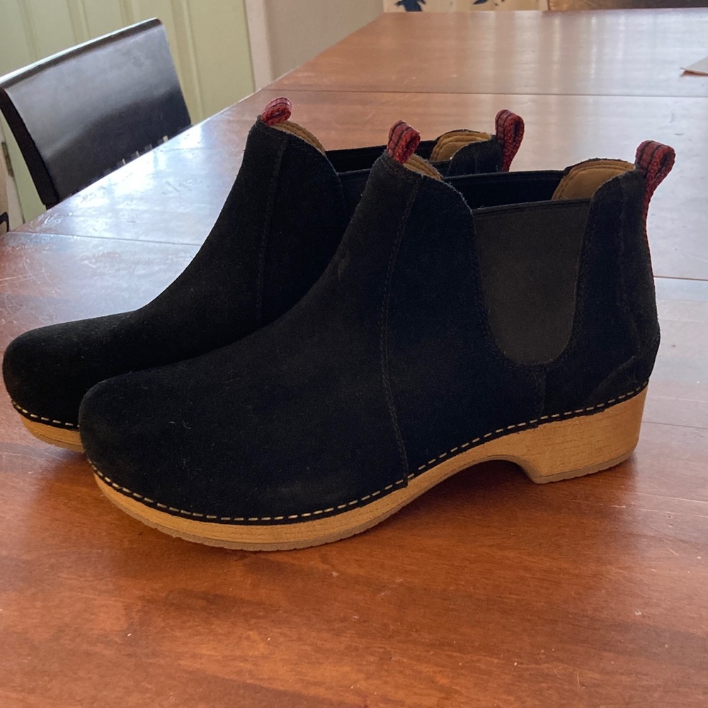 Dansko Black Suede becca booties with Tan sole